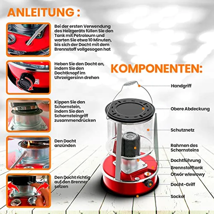 Extralink Aladdin EX.30783, tragbarer Kerosinheizer in Rot und Silber, 9000 BTU/H, 15-18 Stunden Betriebszeit, ideal für Camping und Notfälle – Bild 5