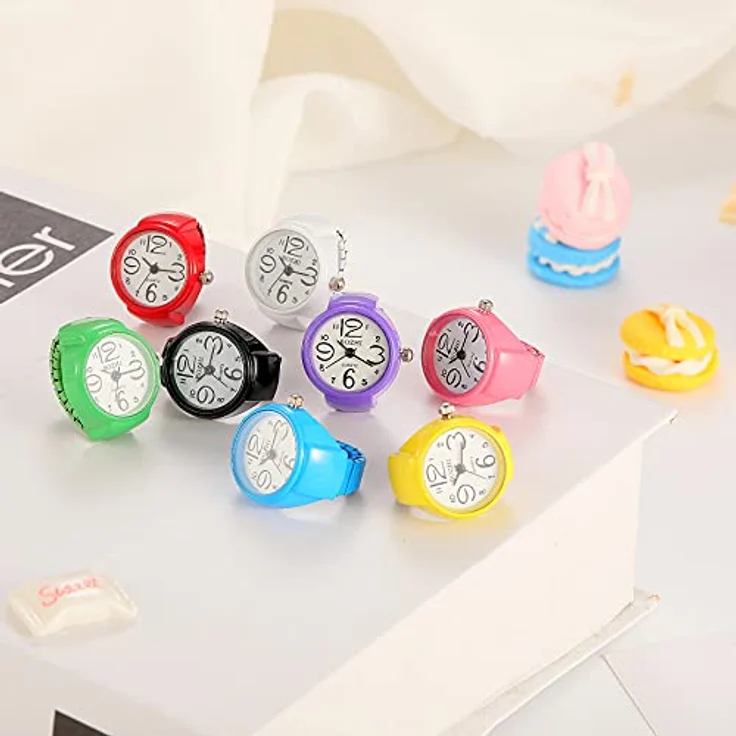 JewelryWe 8PCS Damen Ringuhr, Analog Quarzuhr mit elastischem Ringband, Geschenk für Mädchen, Schwarz Weiß Rot Rosa – Bild 3