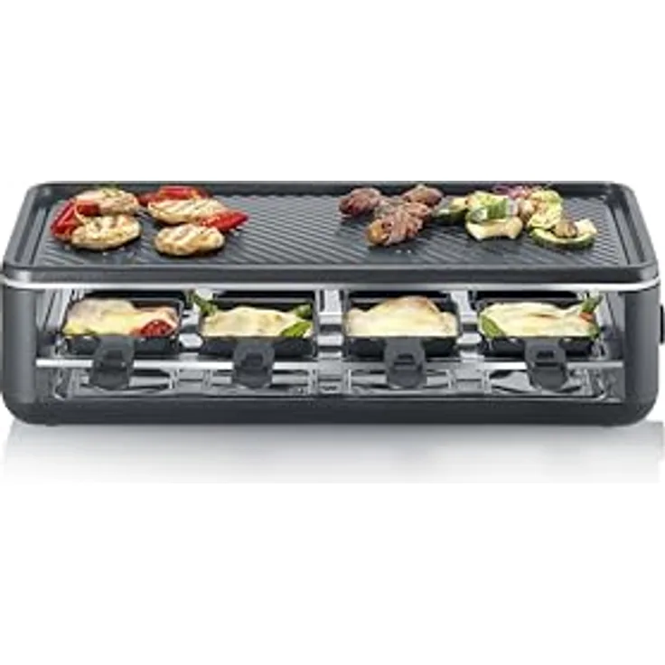 SEVERIN Raclette-Grill Black Line Lite RG 2365, für 8 Personen, große antihaftbeschichtete Grillplatte, extra tiefe Pfännchen, spülmaschinengeeignet
