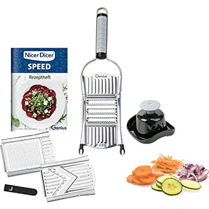 Genius Nicer Dicer Speed Set 7-tlg Gemüsehobel - Gemüseschneider mit 3 Einsätzen & Schneidguthalter | Parmesanreibe, Juliennereibe und V-Hobel