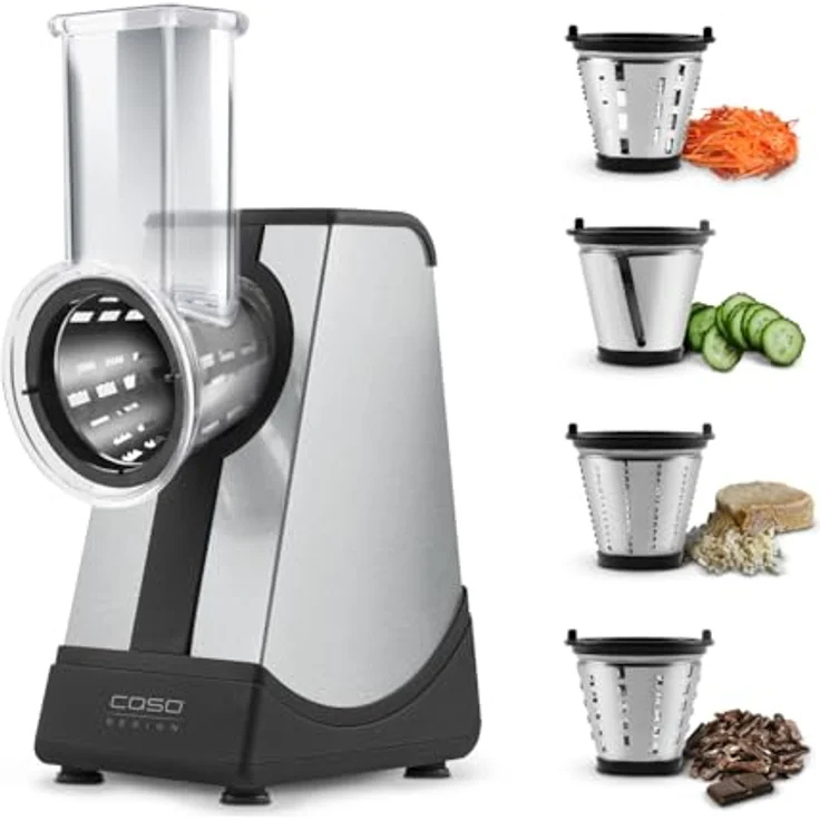 CASO CR4 Elektrische Design-Multireibe, 4 Acid-Etched Einsätze: Scheiben, große & kleine Julienne, Raspeleinsatz, 200 Watt, Touch- Bedienfeld, ideale Gemüseraspel für z.B. Salate – Bild 2