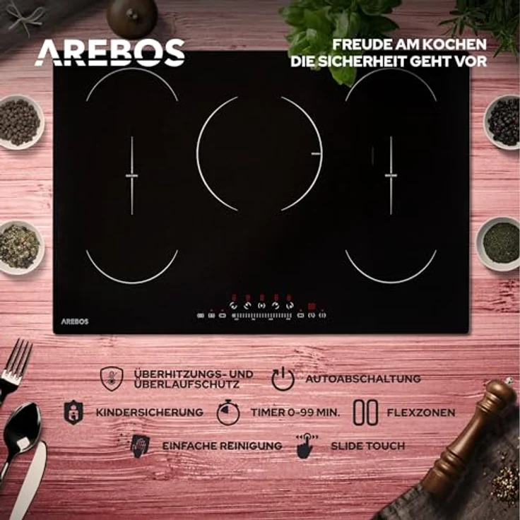Arebos Induktionskochfeld | 9800 W | 5 Kochfelder mit 2 Flexzonen | 77 cm | Autark | mit Sensor Touch, Timer, Kindersicherung, Überhitzungsschutz, Autoabschaltung – Bild 2