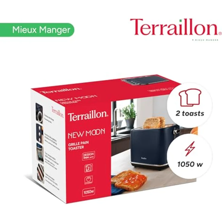 TERRAILLON New Moon Toaster, 2 Schlitze, 1050 W, 6 Leistungsstufen, Auftauen, Aufwärmen, blaue Lackierung aus Edelstahl, mit Krümelschublade – Bild 5