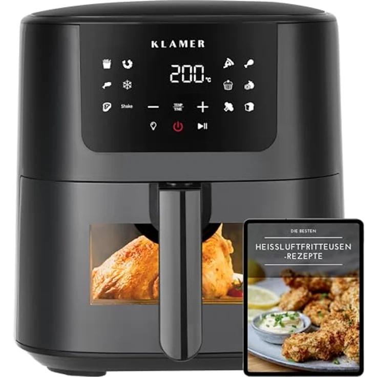KLAMER Heißluftfritteuse 5l XL, Ölfreier 1500W Airfryer mit LED-Touchscreen und deutschem Rezeptbuch, spülmaschinenfester Korb - Weiß – Bild 1