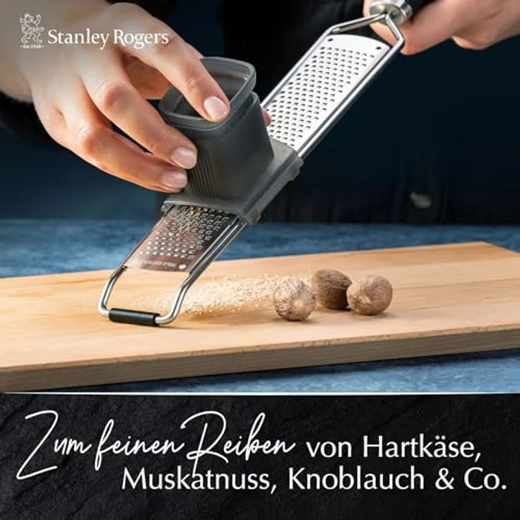 Stanley Rogers Langreibe fein mit breiter Reibefläche, scharfen Edelstahlklingen, inklusive Restehalter - Ideal für Käse, Muskatnuss & mehr – Bild 4