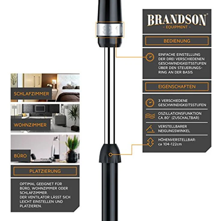 Brandson Standventilator 40cm - Ventilator höhenverstellbar bis 122 cm - mobiler Lüfter - hoher Lu – Bild 5
