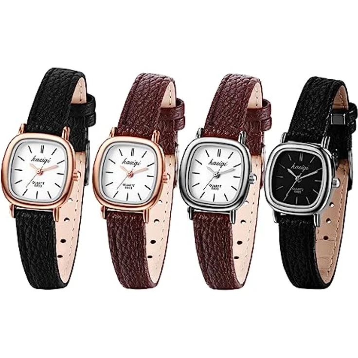 JewelryWe Damenuhr 4er Set, Vintage Quadrat Analog Quarz Uhr mit Lederarmband in Schwarz/Braun und Gehäuse in Rosegold/Silber, wasserdicht, elegantes Accessoire für Frauen und Mädchen – Bild 1