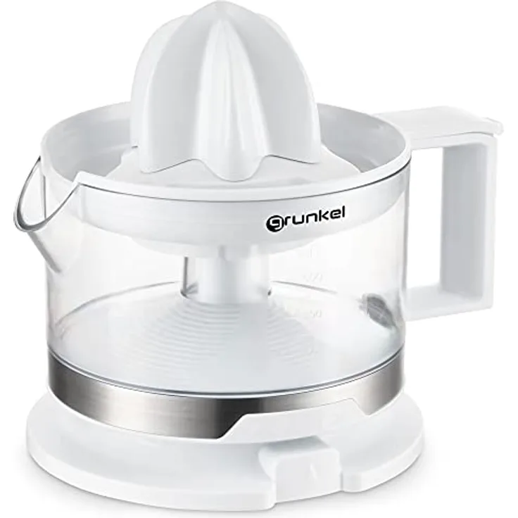 Grunkel - XP-545NG - Citrus Juicer Compact and Small - Two Interchangeable Cones - Pulp Regulator 5 Levels - Double Rotation - Jug 500 ml Removable - Easy to Clean - White - 40 W