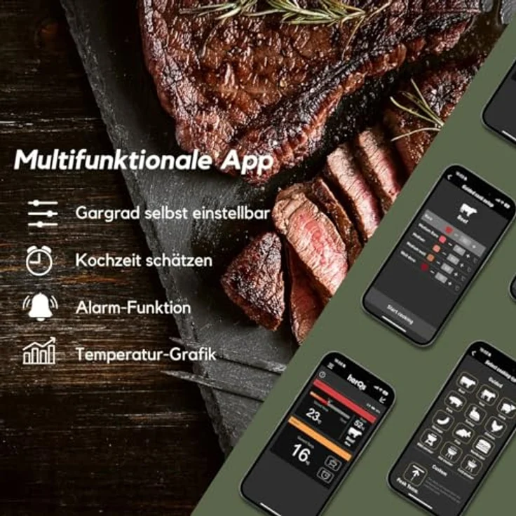 HerQs Double Max Grillthermometer, Digitales Bluetooth Fleischthermometer, Mit App und Temperaturalarm bis zu 300°C, 170m Bluetooth Meater - Für Grill, Ofen, Pfanne, Heißluftfritteuse - 2 Sonden – Bild 4