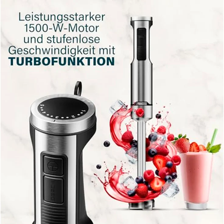 Princess Edelstahl-Stabmixer Prof XXL, 1500W, 50 cm Edelstahlstab, 5 Geschwindigkeiten, Turbofunktion, 4-Klingen-System, Messbecher mit Deckel, spülmaschinenfest, 221233 – Bild 3