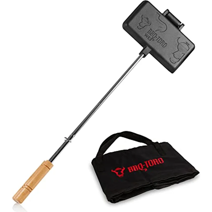 BBQ-Toro Sandwicheisen inkl. Transporttasche | BBQ Waffeleisen aus Gusseisen | Rechteckig, langer Stiel | Bereits eingebrannt | Waffeleisen Grill, Outdoor Waffeleisen für offenes Feuer, Sandwichmaker – Bild 1