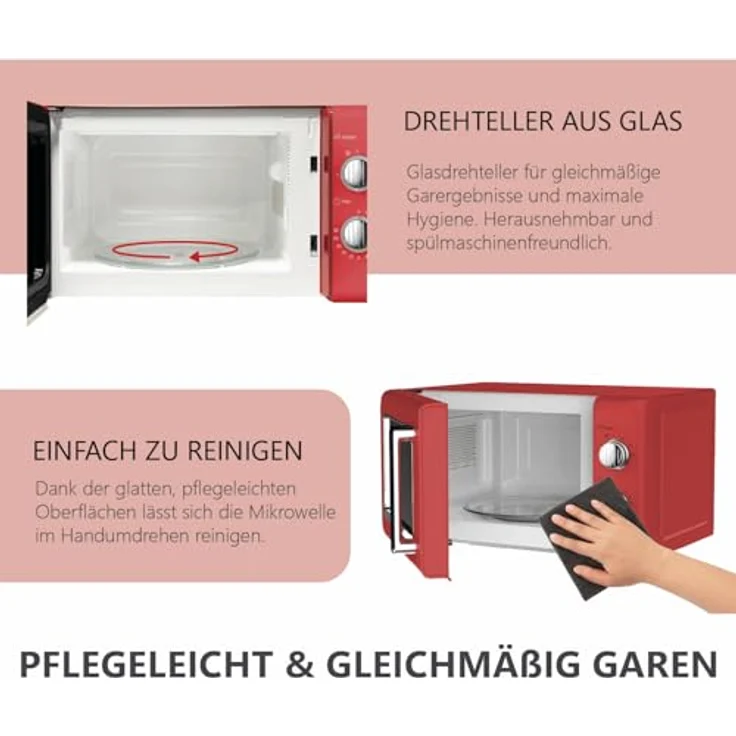 Silva MW-R 25.3, Retro Mikrowelle mit 700 W und 20 L Garraum, rot, mit 6 Leistungsstufen und 30-Minuten-Timer – Bild 10