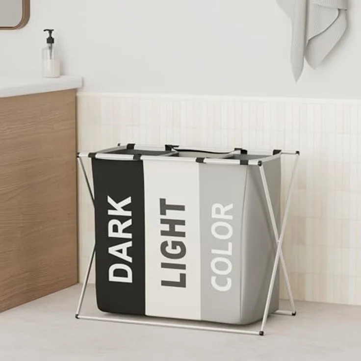 Springos Wäschekorb Organizer 146L, faltbar, 3-fach Fächer mit Zugband, Aluminiumrahmen, große Polyesterfächer, Tragegriffe für Wäschetrennung und platzsparende Lagerung – Bild 2