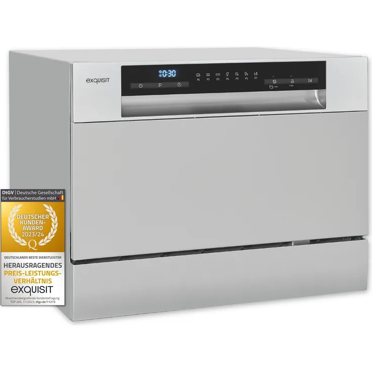 Exquisit Tischgeschirrspüler GSP206-030D silber, 6 Maßgedecke, 6,5 Liter, Startzeitvorwahl, 55 cm Breite, 49 dB(A) Geräuschpegel