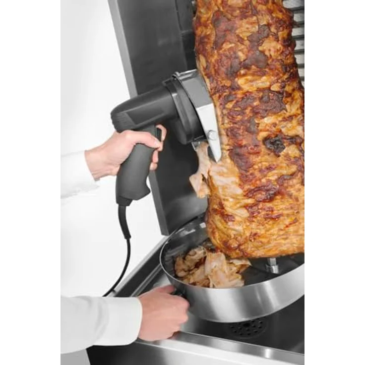 HENDI Dönermesser, Elektrisches, Kebabschneider, Inklusive 2 Messer ø100 mm, 1 glattes Messer und 1 gezahntes Messer, Schnittstärke von 0, 8 mm, Gewicht: 1kg, 230V, 80W, 194x113x(H)173mm, Edelstahl – Bild 4