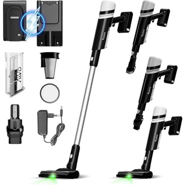 TurboTronic 15 kPa Stabstaubsauger, kabelloser 2-in-1 Handstaubsauger mit grünem Laserlicht und 120W Saugkraft, leicht und beutellos – Bild 1