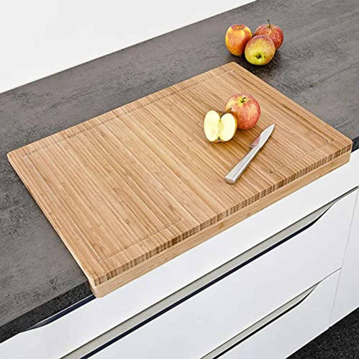 Relaxdays Schneidebrett aus Bambus H x B x T: ca. 5 x 56 x 38 cm Küchenbrett mit Saftrinne und Anschlagkante messerschonendes Bambusbrett als Servierbrett und Tranchierbrett Holzbrett massiv, natur – Bild 2