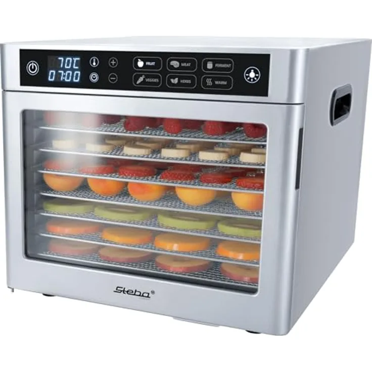 Steba ED 80 Steel Deluxe Dörrautomat, 8 Aufsätze, Temperatur 35-85°C, LED-Display, Silber