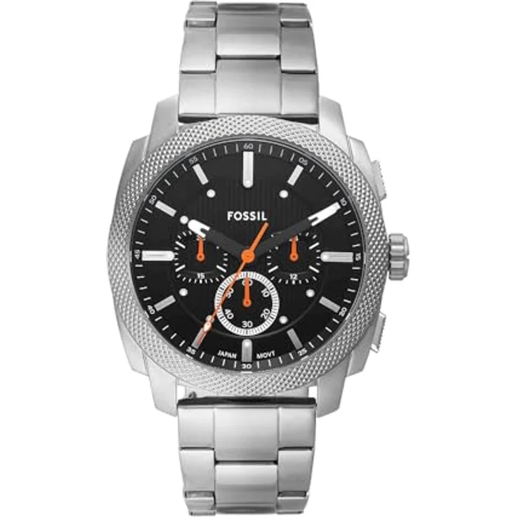 Fossil Machine Uhr für Herren, Chronograph mit 44 mm Edelstahlgehäuse, schwarzem Zifferblatt und silbernem Edelstahlarmband, wasserdicht bis 50 m – Bild 1