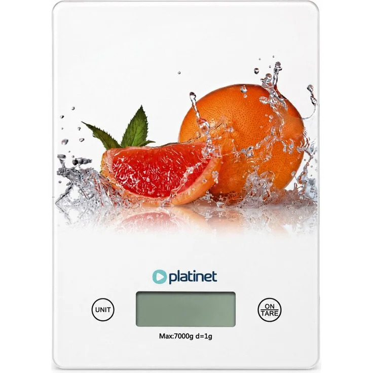 Platinet Küchenwaage PBSKC, Digitale Waage mit Tara-Funktion, 7 kg Traglast, 1-g-Teilung, 5 Maßeinheiten, LCD-Display