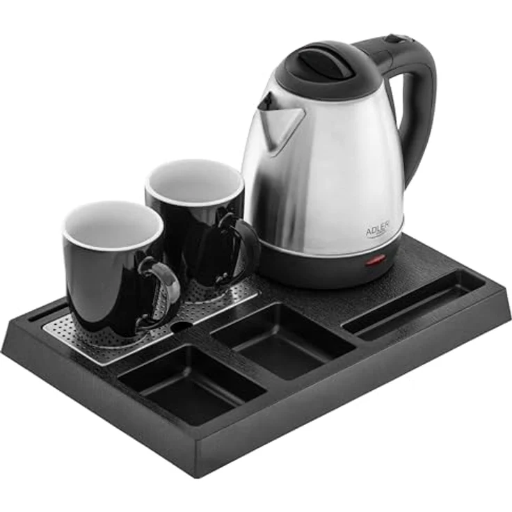 ADLER Wasserkocher Set Edelstahl 1,2L mit Tablett & 2 Tassen | Kompakte Teestation für Hotel, Büro & Home-Office | Sicher und hygienisch mit 360°-Sockel und Trockengehschutz – Bild 2