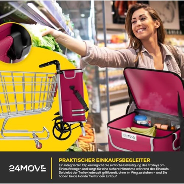24MOVE® Vehlo Einkaufstrolley klappbar mit 55L Kühlfach, faltbarer 3in1 Trolley - Sackkarre und Tasche, bis 30kg belastbar, rot – Bild 4