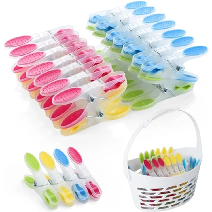 AiQInu 40 Stück Wäscheklammern mit Korb, Plastik Handtuchklammern mit rutschfestem Silikon, Mehrfarbig, hinterlassen keine Abdrücke für Wäsche, T-Shirts, Unterwäsche und Socken – Bild 1