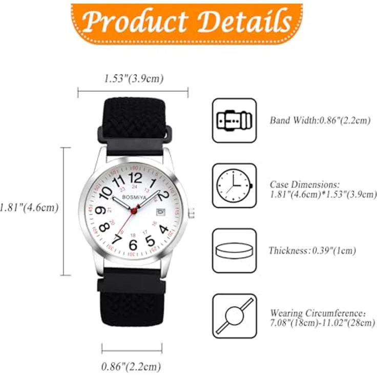 JewelryWe Geflochtene Armbanduhr in Schwarz, Elastisches Gewebearmband, Analog Quarz mit 12/24 Stunden Anzeige und Kalenderfunktion für Damen und Herren – Bild 4