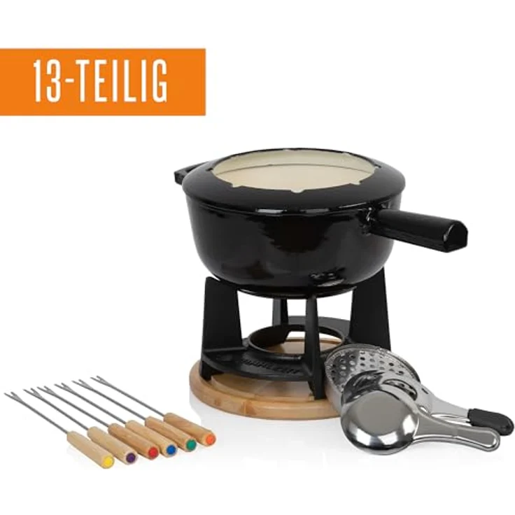 Mahlzeit Gusseisen Fondue Set für 6 Personen | 2 Liter | Fondueset 13 teilig mit Brenner und Gabeln | Fondue-Set, Käsefondue Set, Fleischfondue Set, Schokofondue Set (Schwarz emailliert) – Bild 2
