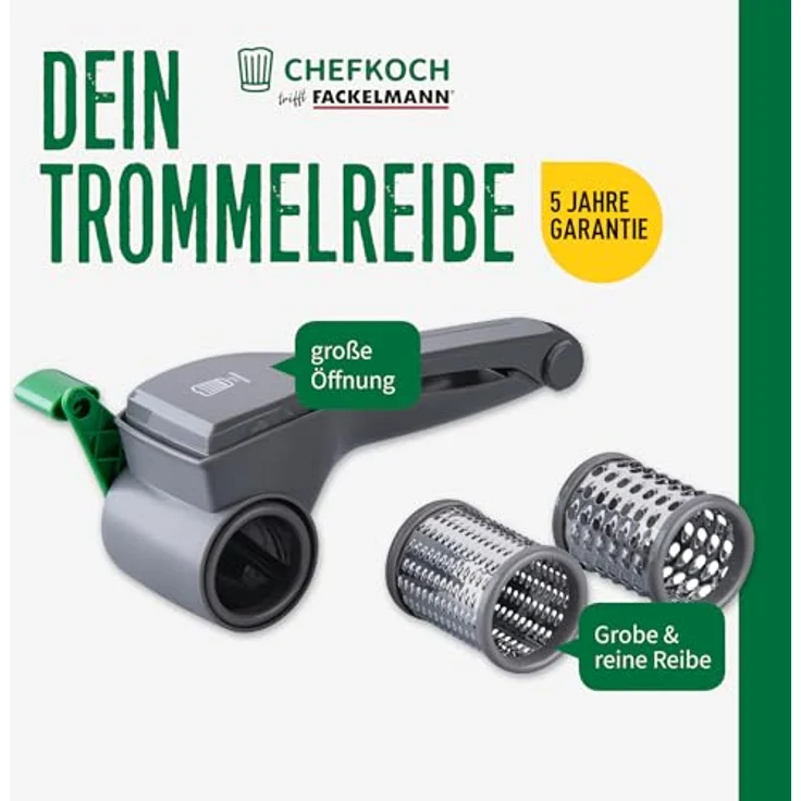 FACKELMANN Chefkoch Trommelreibe mit Kurbel, 3 Einsätzen für Gemüse, Käse und Nüsse – Leichtes Befüllen durch große Öffnung, 21 cm x 10,5 cm x 10 cm – Bild 2