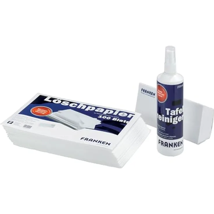 FRANKEN Tafelreinigungsset Z1961, Zubehörset für Schreib-, Plan- und Rastertafeln, inkl. 1 Tafelwischer, 100 Blatt Löschpapier und 250 ml Reinigungsspray mit Pumpzerstäuber