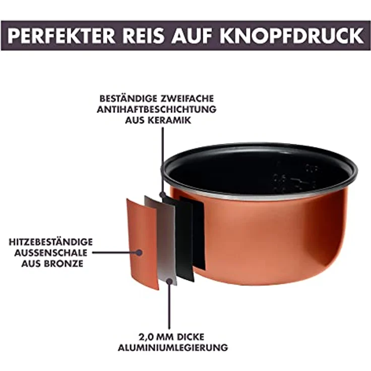 REISHUNGER Reiskocher & Dampfgarer mit Keramikbeschichtung, Schwarz - Für 1-6 Personen - Schnelle Zubereitung ohne Anbrennen - Mit Warmhaltefunktion inkl. Dämpfeinsatz, Löffel & Messbecher – Bild 3