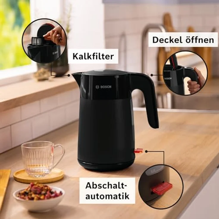 Bosch kabelloser Wasserkocher MyMoment TWK2M163, Abschaltautomatik, Überhitzungsschutz, Tassenanzeige, entnehmbarer Kalkfilter, Trockengehschutz, Dampfstopp-Automatik, 1,7 L, 2400 W, Schwarz matt – Bild 3