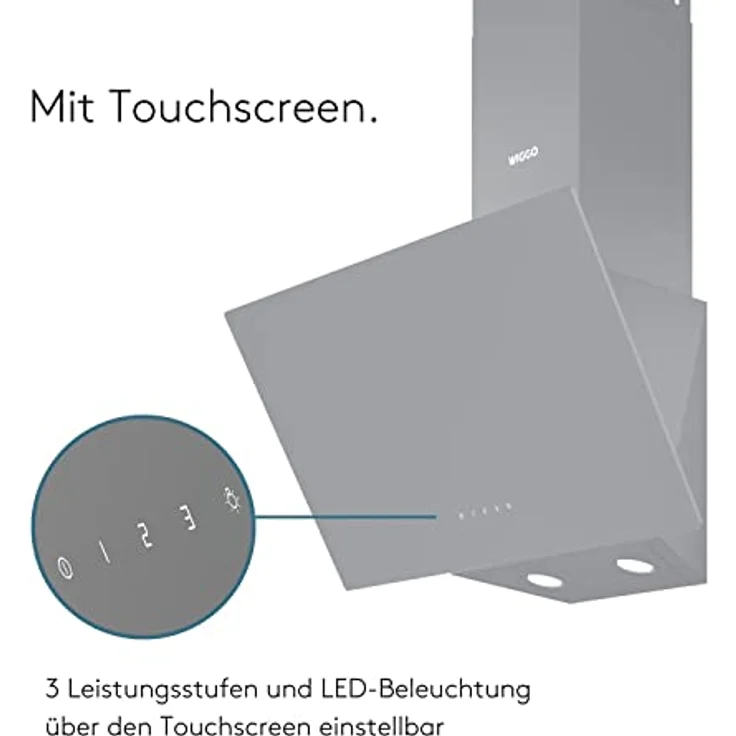 Wiggo Dunstabzugshaube 60cm kopffrei I Abluft Umluft Dunstabzug 650m³/h - Touch-Display 4 Stufen I Energieeffizienzklasse A Schräghaube inkl. Fettfilter & 2x Kohlefilter I Abzugshaube Glasfront grau – Bild 4