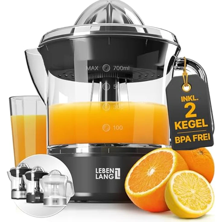 Lebenlang Elektrische Zitruspresse, BPA-frei mit 40W, 2 Drehrichtungen, spülmaschinenfest, Auto ON/OFF, 700ml Behälter – Bild 1