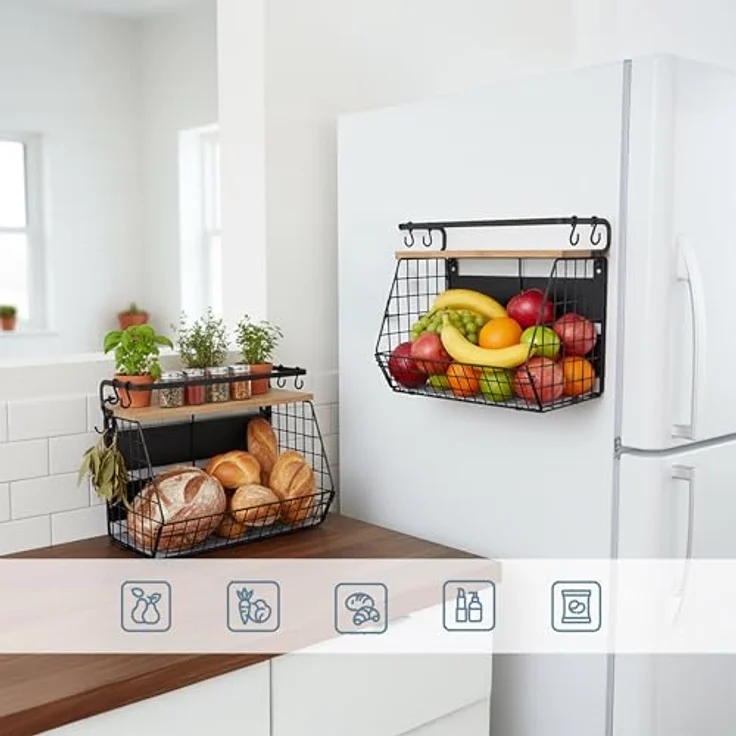 Relaxdays Obstkorb Wandregal 2er Set, magnetischer Küchenorganizer aus Metall, HBT: 30x35,5x21 cm, schwarz/Natur mit 4 Haken für Küchenutensilien – Bild 4