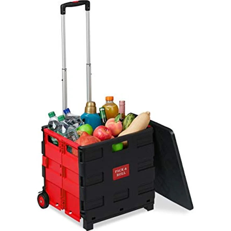 Relaxdays Einkaufstrolley klappbar, bis 35 kg, 50 l Kiste, mit Teleskopgriff, 2 Rollen, Transport Trolley, rot/schwarz - Preisvergleich – Bild 1