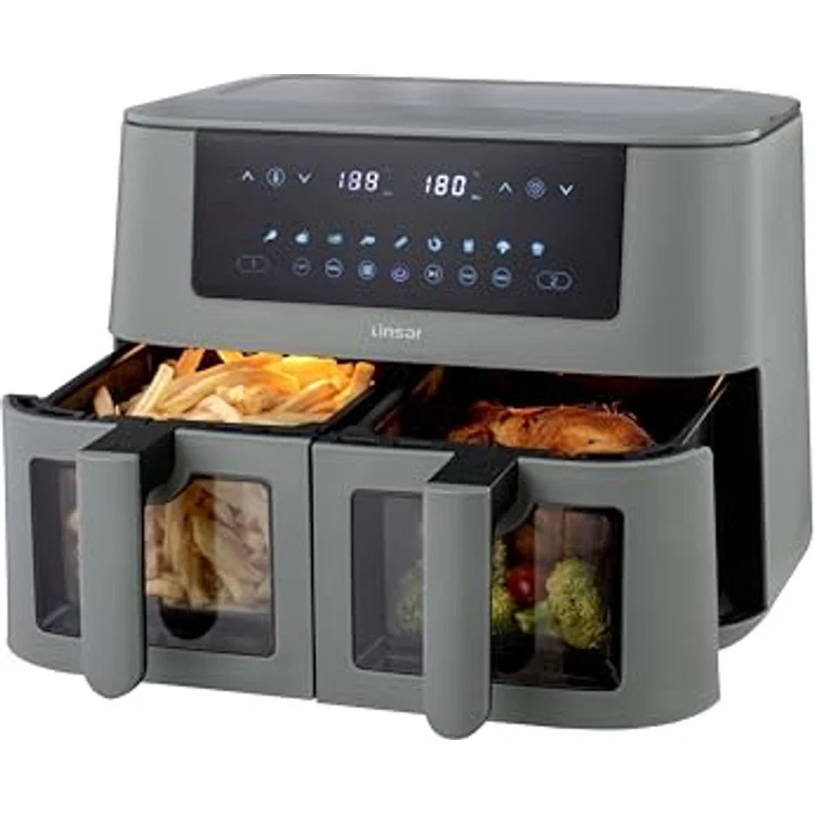 Linsar Dual Zone Heißluftfritteuse mit Doppelkammer, 8L Air Fryer 2 Körben mit Sichtfenster, Touchscreen,9 Presets,Dual Cook, Synchronisieren Fertig Technik, 2570-3040 Watt (Grau) – Bild 1