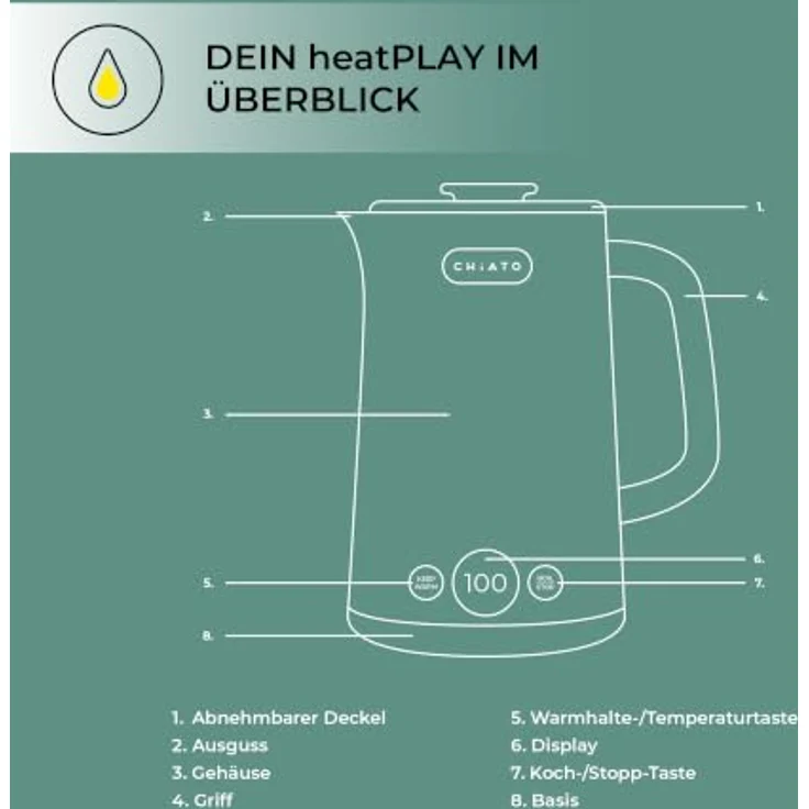 CHiATO heatPLAY Groove, Wasserkocher mit 1,7 Litern Fassungsvermögen und smartem Temperaturdisplay, Edelstahl mit matte Oberfläche – Bild 9