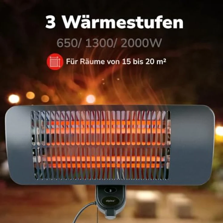 alpina Infrarotheizung Hängend Heizstrahler 2000W, 3 Heizstufen, spritzwassergeschützt IP34, Terrassenheizung schwarz – Bild 4