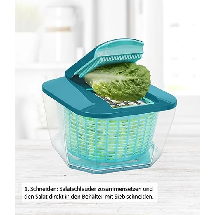 Genius Nicer Dicer Chef Professional Salatschleuder mit Deckel | Set 4-tlg. Zubehör, Auffangbehälter, Schleudersieb, 5.2 L Fassungsvermögen, Gemüseschleuder, Salatschüssel, Salattrockner Transparent – Bild 3