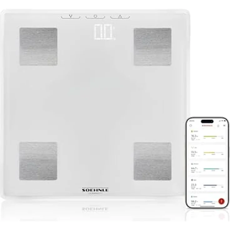 Soehnle Körperanalysewaage Shape Sense Connect Lite, Personenwaage mit App Anbindung, Körperanalyse Gewicht, Fett, Wasser- und Muskelanteil, Körperfettwaage mit LED Display, weiß – Bild 1