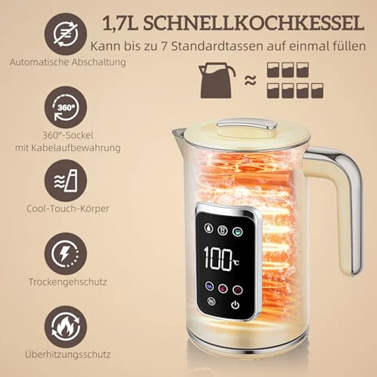 HOMCOM Toaster und Wasserkocher-Set, 1.7 L, 2200 W, 2-Schlitz-Toaster mit LED-Touchscreen, Cremeweiß – Bild 3