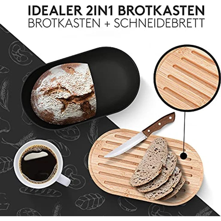 Vezato Brotbox – Nachhaltiger Brotkasten für lange Frische dank spezieller Beschichtung – Extra großer Brotkorb mit Bambusdeckel & Schneidebrett – Nachhaltiger Brotbehälter inkl. Brotsack – Bild 2