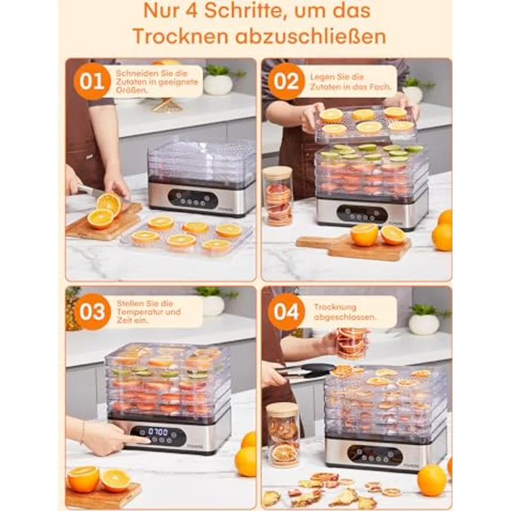 FOHERE Dörrautomat Edelstahl, Dörrgerät mit 5 höhenverstellbaren Tabletts, LED-Anzeige, 420W, 35-70°C, 48h-Timer, BPA-frei für Lebensmittel und Snacks – Bild 3