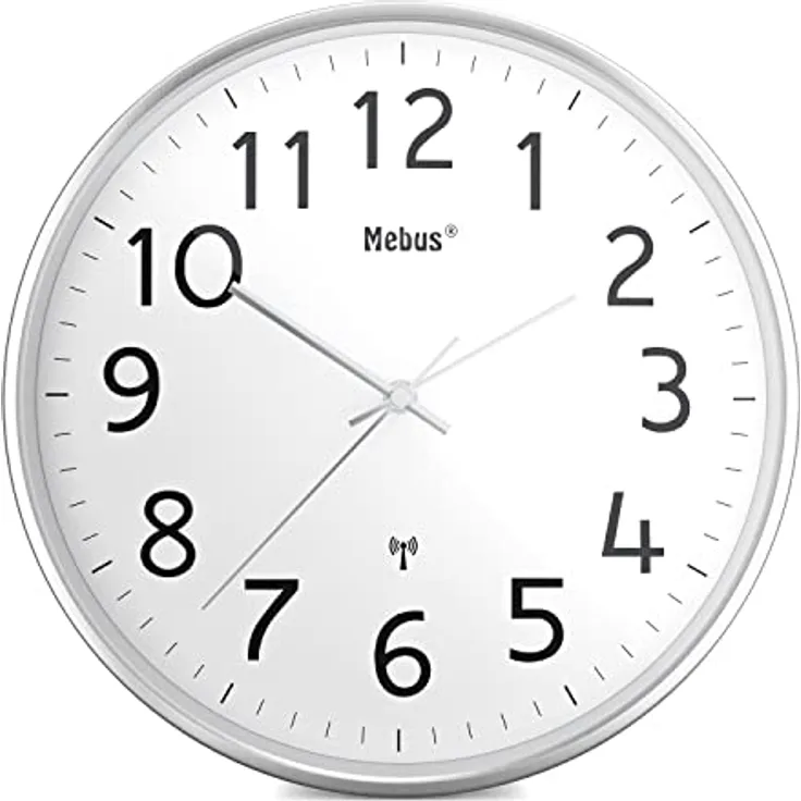 Mebus Moderne Funk-Wanduhr mit Metallgehäuse in Silber Modell 52680