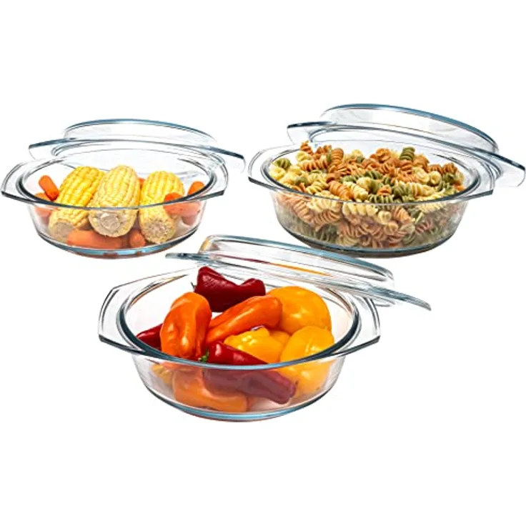 Simax Runde Auflaufformen aus Glas | mit Deckel ? Borosilikatglas ? Made in Europe ? Set mit 3 klaren Glas-Backformen ? 1 Qt, 1,5 Qt und 2 Qt