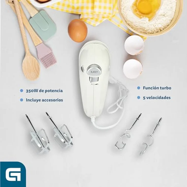 Grunkel - Mixer mit 5 Geschwindigkeiten AM-350TURB05BOWL - Inklusive Schüssel und zwei verschiedenen Rührstäbchen zum Mischen und Kneten, für Bäckerei und Gebäck - Weiß (350 W) – Bild 2