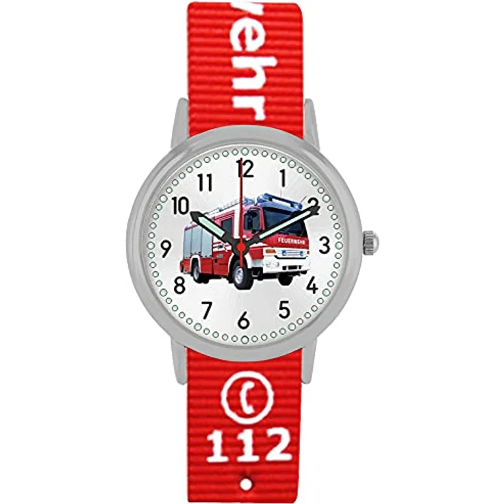 Pacific Time Kinder Armbanduhr Feuerwehr, Analog Quarz mit Wechselarmband in Rot, 10-fach verstellbar, leuchtende Zeiger und Punktindexe – Bild 1