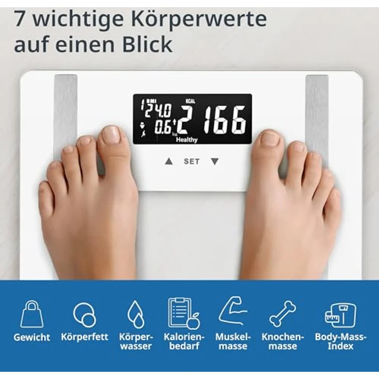 ADE Digitale Körperfettwaage bis 200 kg | Personenwaage mit Körperfettanalyse, BMI, Muskelmasse, Körperwasser, Gewicht, BMR | Körperwaage mit Benutzererkennung | weiß – Bild 3